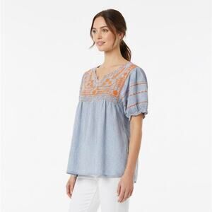 Sister Mary by Ivy Jane Blue White Stripe Orange Embroidery Peasant Boho Top